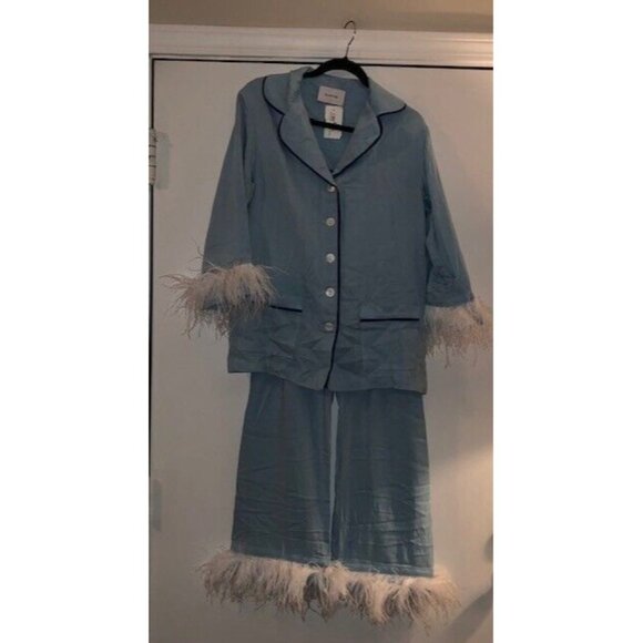 NWT $320 SLEEPER CORNFLOWER BLUE OSTRICH TRIM PARTY PAJAMA SET SIZE XS SOLD OUT! - Picture 7 of 14